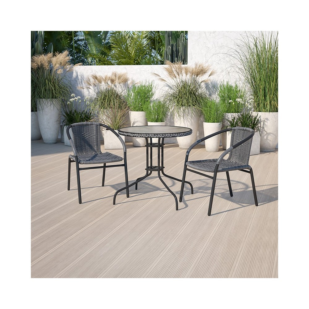28'' Round Glass Metal Table with Gray Rattan Edging and 2 Gray Rattan Stack Chairs