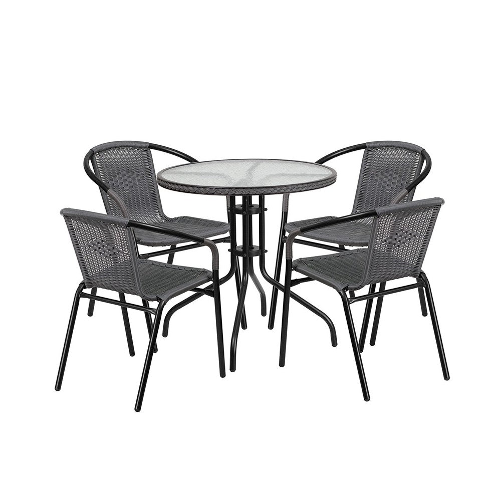 28'' Round Glass Metal Table with Gray Rattan Edging and 4 Gray Rattan Stack Chairs