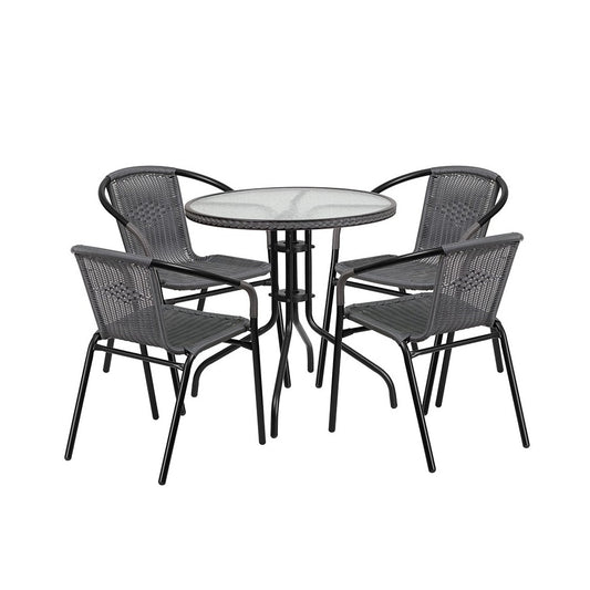 28'' Round Glass Metal Table with Gray Rattan Edging and 4 Gray Rattan Stack Chairs