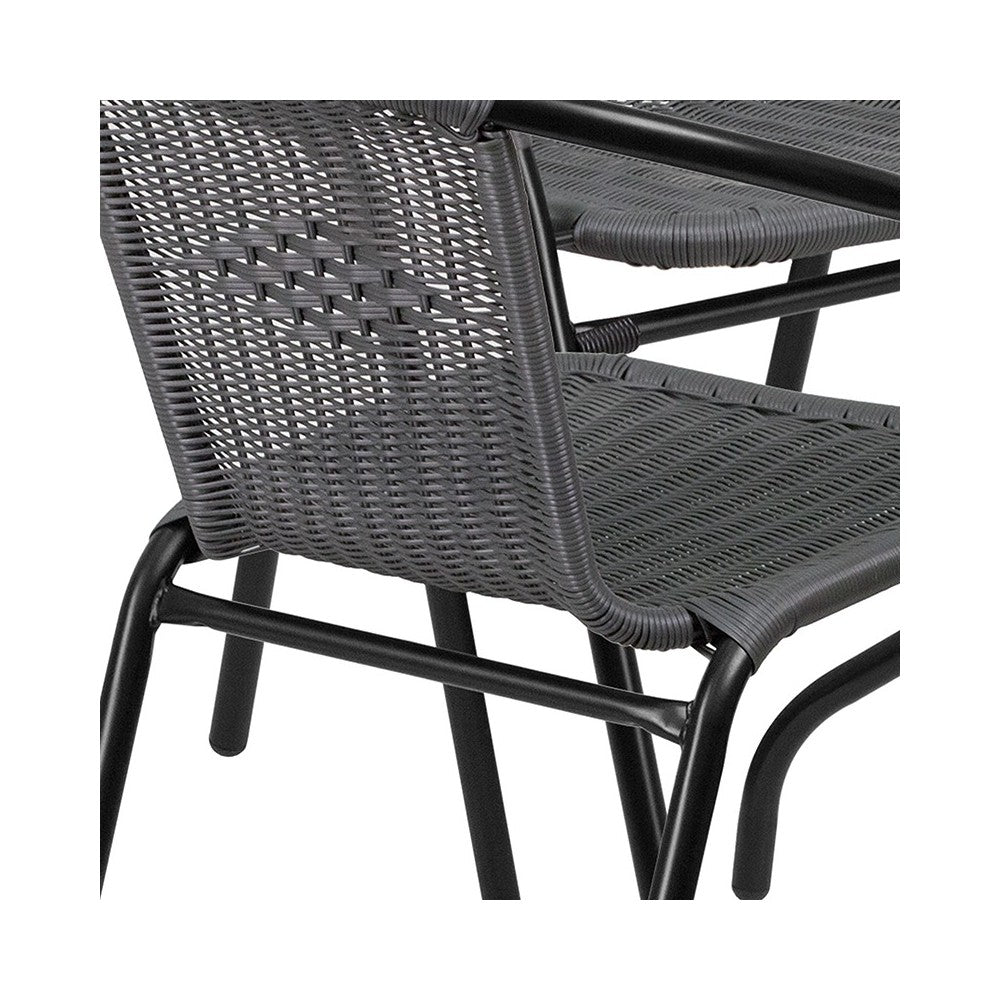 28'' Round Glass Metal Table with Gray Rattan Edging and 4 Gray Rattan Stack Chairs