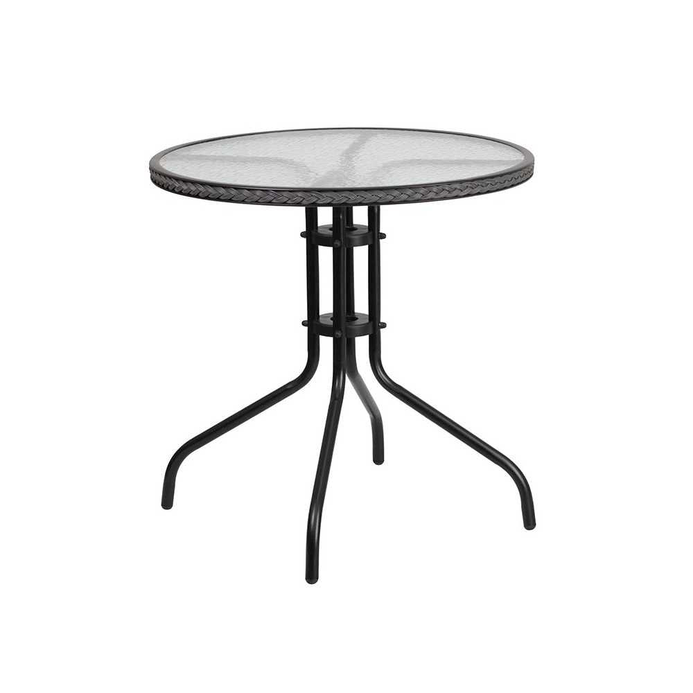 28'' Round Glass Metal Table with Gray Rattan Edging and 4 Gray Rattan Stack Chairs