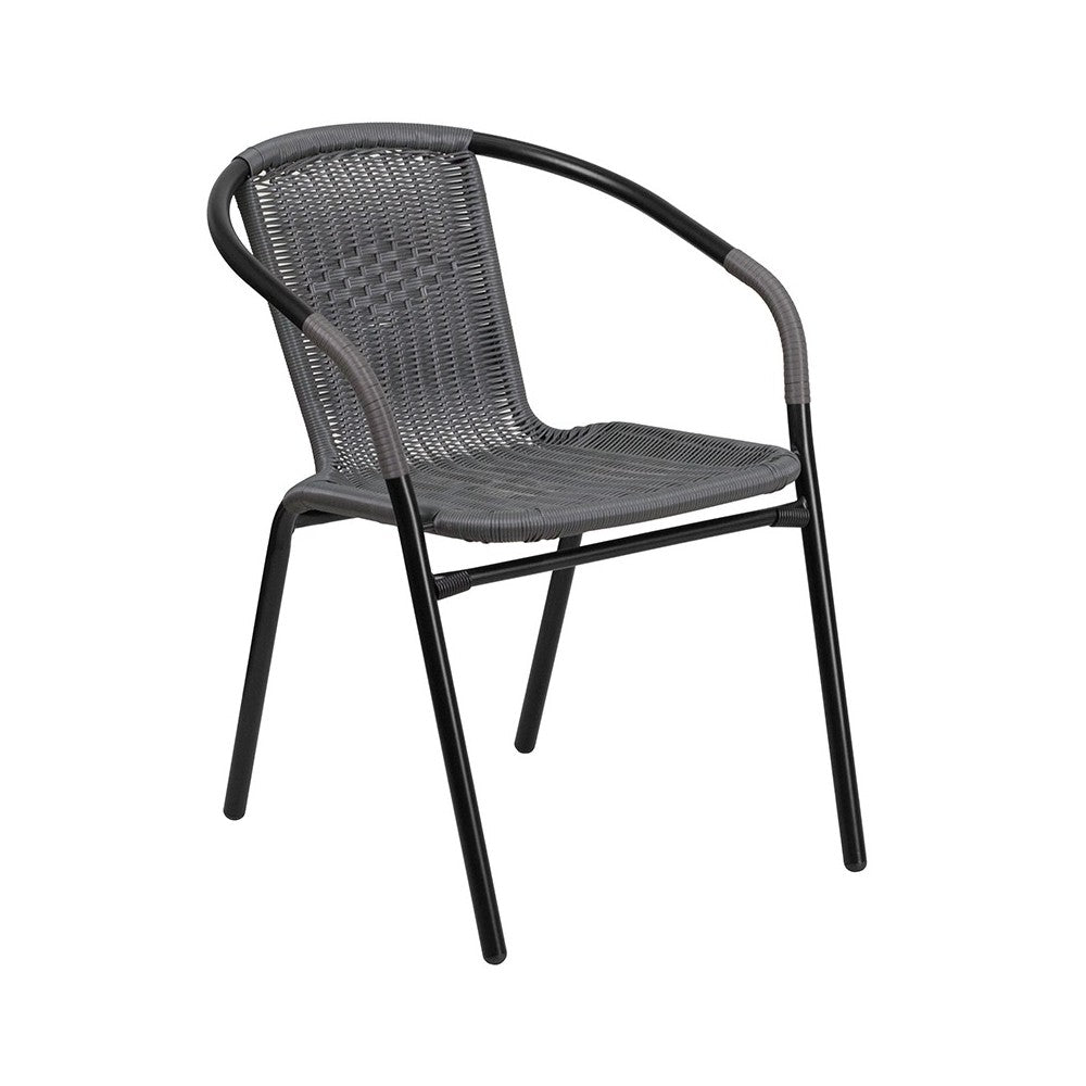 28'' Round Glass Metal Table with Gray Rattan Edging and 4 Gray Rattan Stack Chairs