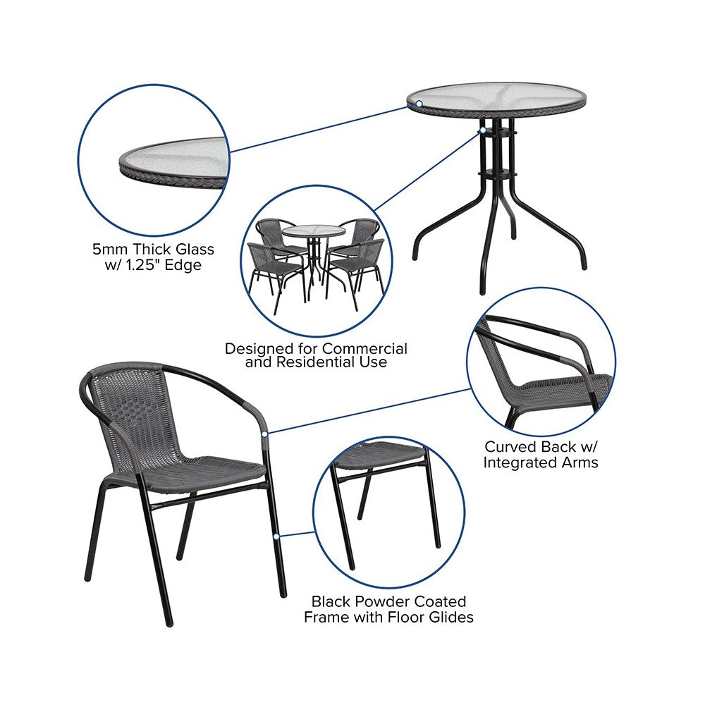 28'' Round Glass Metal Table with Gray Rattan Edging and 4 Gray Rattan Stack Chairs