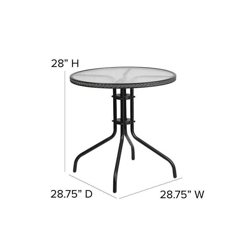 28'' Round Glass Metal Table with Gray Rattan Edging and 4 Gray Rattan Stack Chairs
