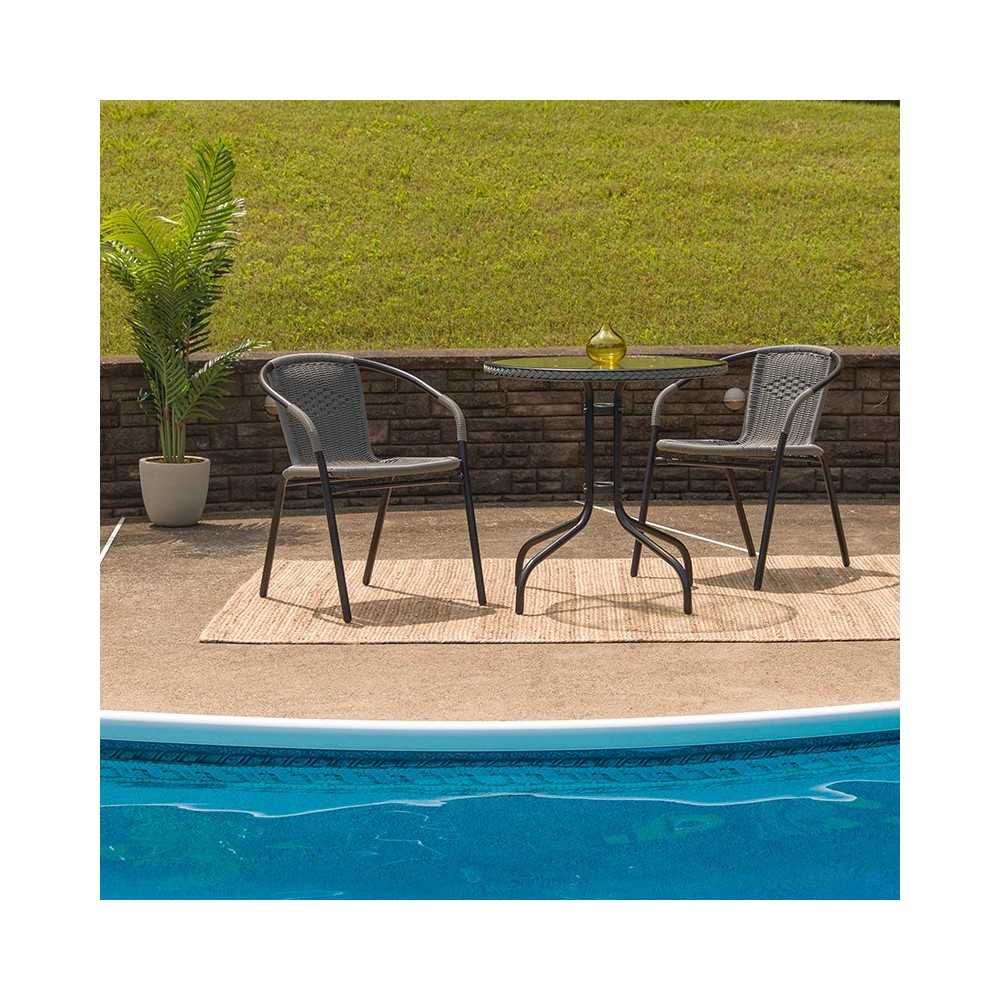 28'' Round Tempered Glass Metal Table with Gray Rattan Edging