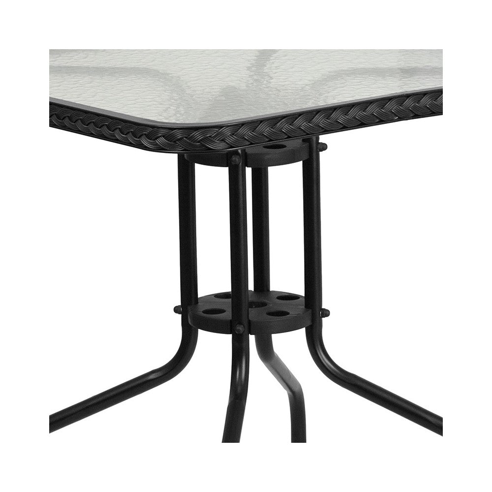 28'' Square Glass Metal Table with Black Rattan Edging and 2 Black Rattan Stack Chairs