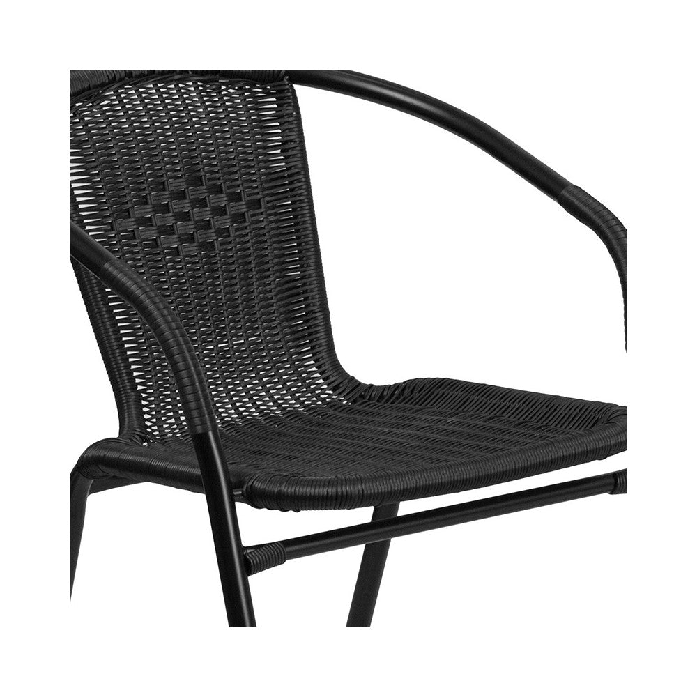 28'' Square Glass Metal Table with Black Rattan Edging and 2 Black Rattan Stack Chairs