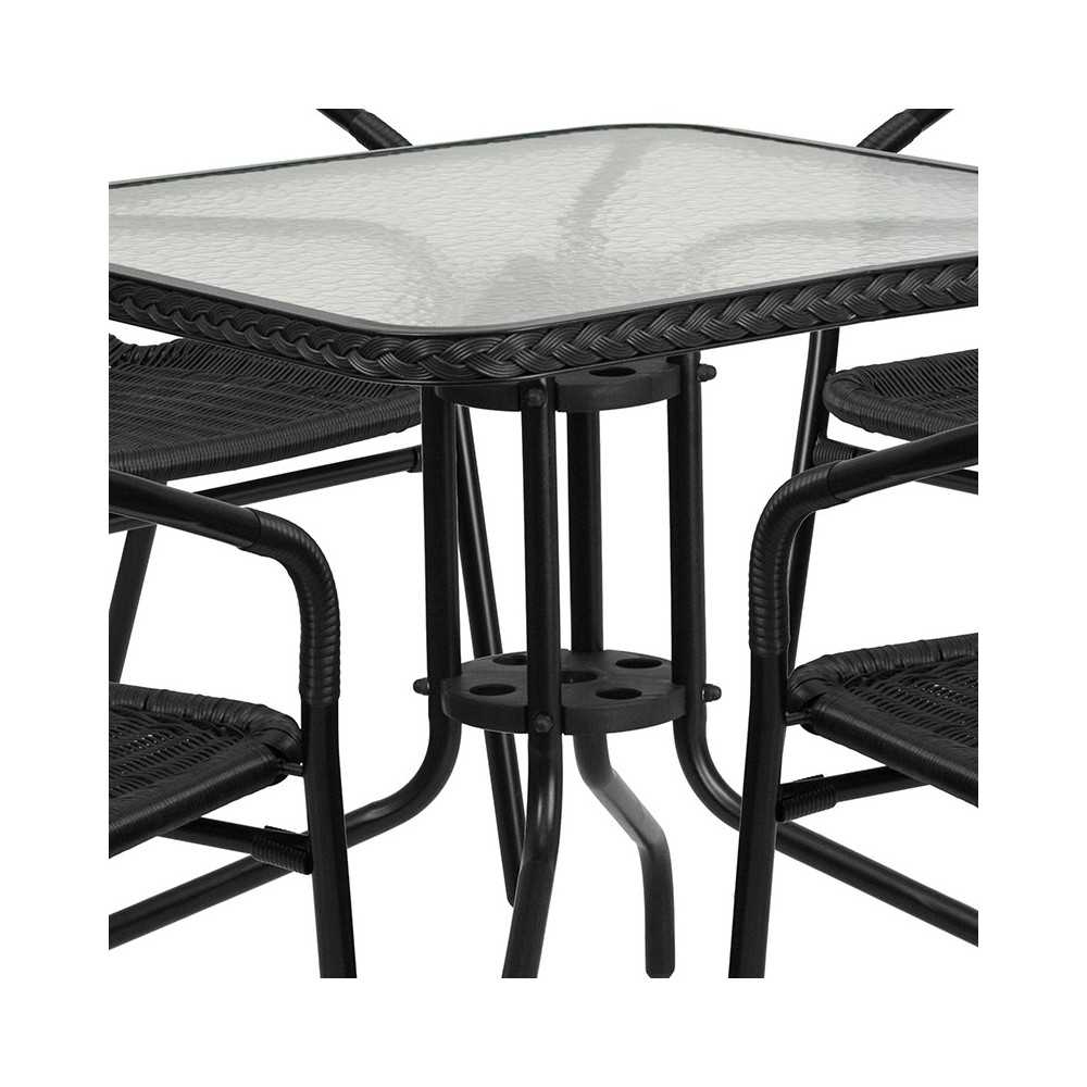 28'' Square Glass Metal Table with Black Rattan Edging and 4 Black Rattan Stack Chairs