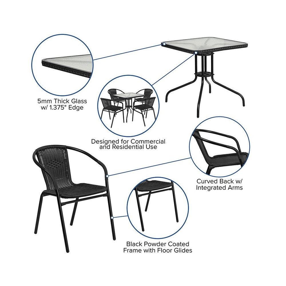 28'' Square Glass Metal Table with Black Rattan Edging and 4 Black Rattan Stack Chairs