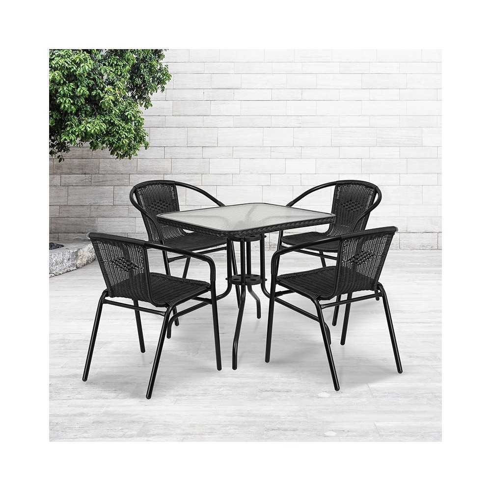 28'' Square Glass Metal Table with Black Rattan Edging and 4 Black Rattan Stack Chairs