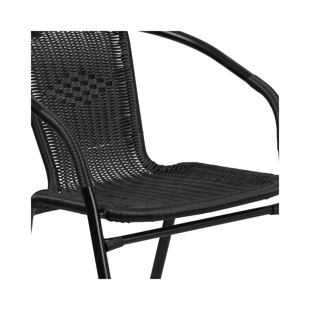 28'' Square Glass Metal Table with Black Rattan Edging and 4 Black Rattan Stack Chairs