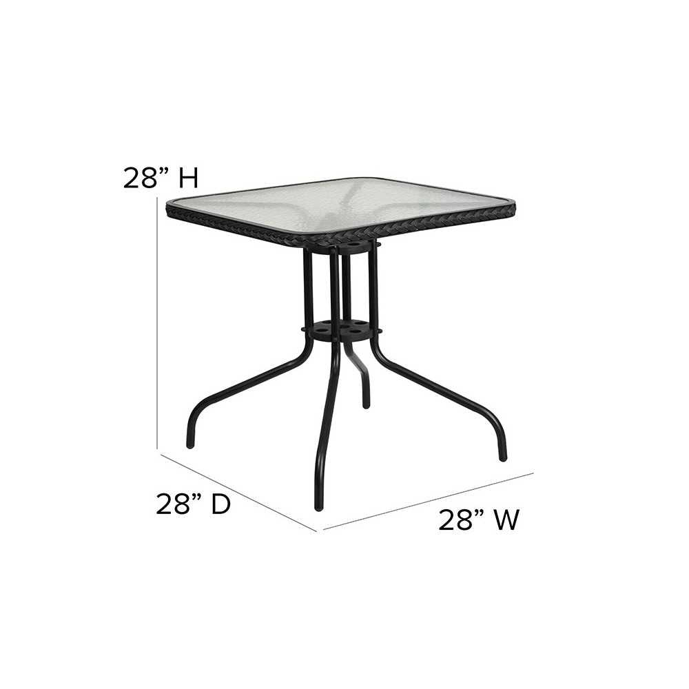 28'' Square Glass Metal Table with Black Rattan Edging and 4 Black Rattan Stack Chairs