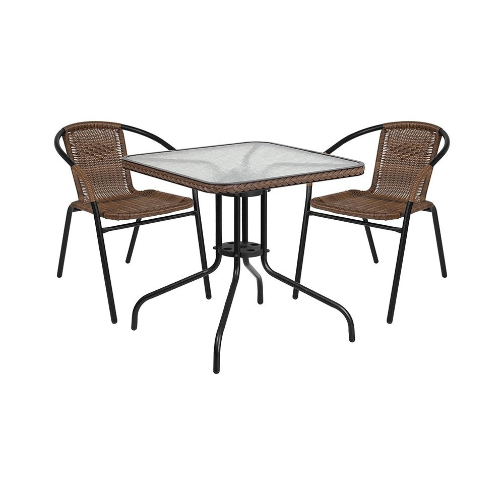 28'' Square Glass Metal Table with Dark Brown Rattan Edging and 2 Dark Brown Rattan Stack Chairs