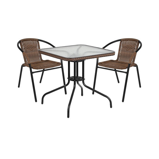 28'' Square Glass Metal Table with Dark Brown Rattan Edging and 2 Dark Brown Rattan Stack Chairs