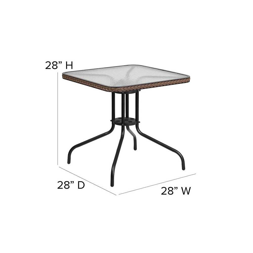 28'' Square Glass Metal Table with Dark Brown Rattan Edging and 2 Dark Brown Rattan Stack Chairs