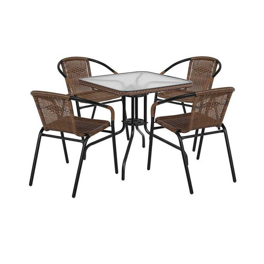 28'' Square Glass Metal Table with Dark Brown Rattan Edging and 4 Dark Brown Rattan Stack Chairs