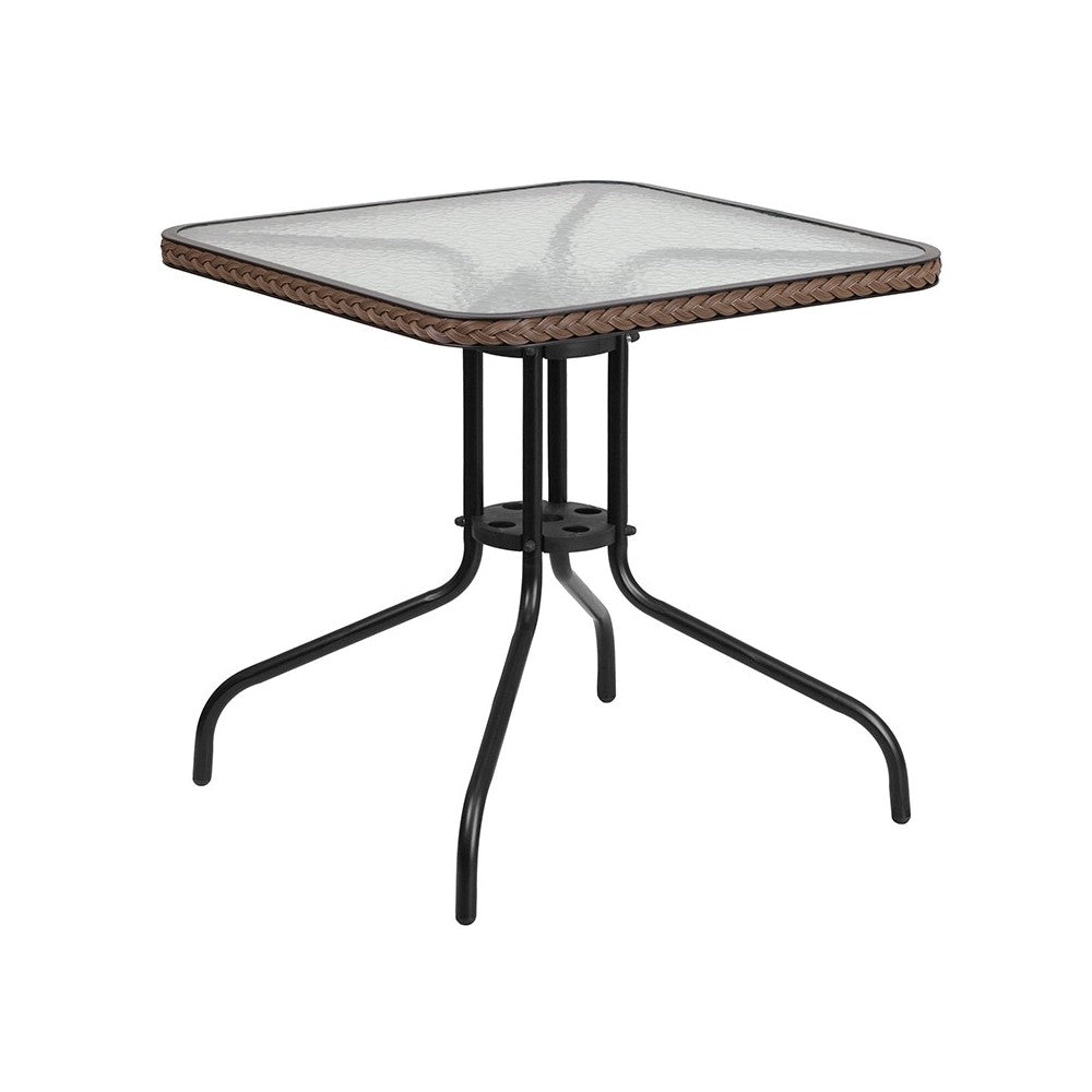28'' Square Glass Metal Table with Dark Brown Rattan Edging and 4 Dark Brown Rattan Stack Chairs