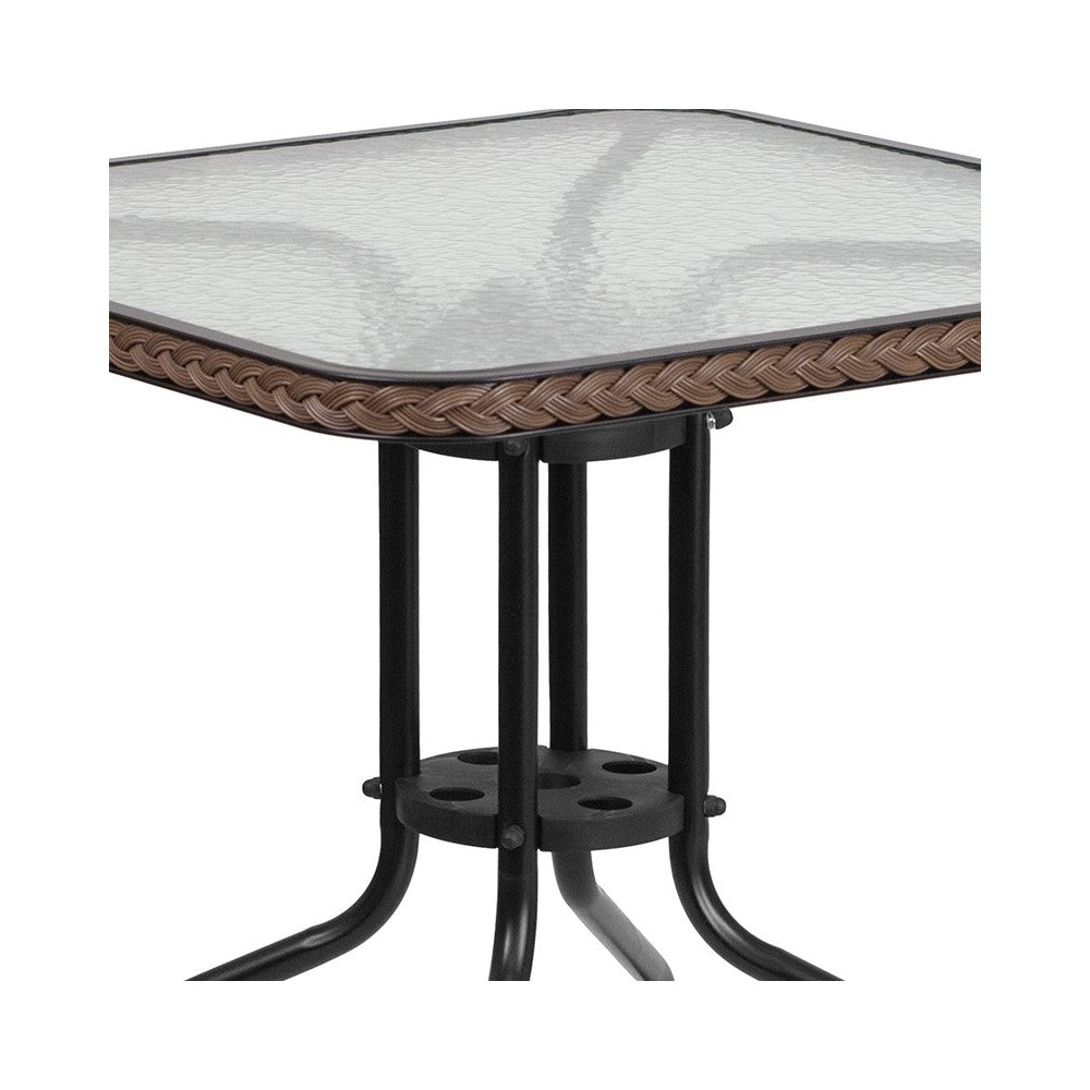 28'' Square Glass Metal Table with Dark Brown Rattan Edging and 4 Dark Brown Rattan Stack Chairs