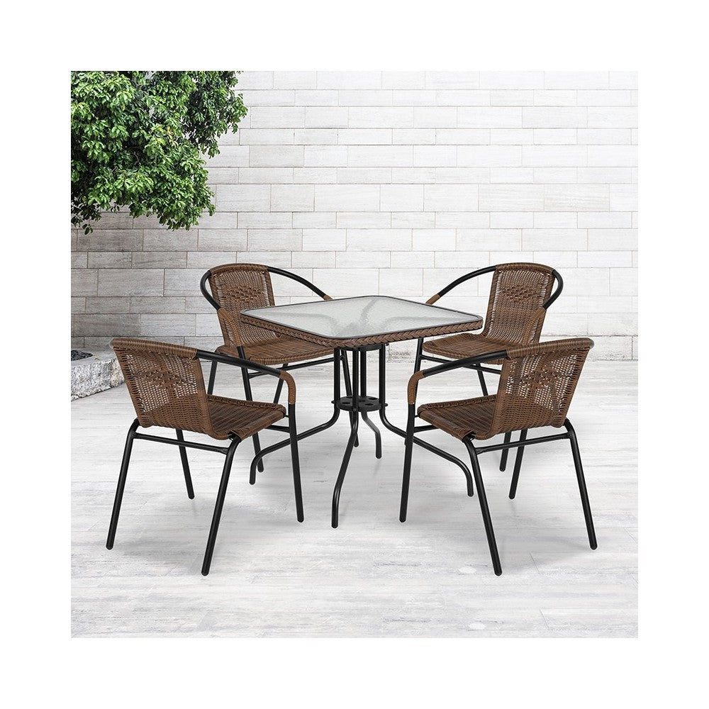 28'' Square Glass Metal Table with Dark Brown Rattan Edging and 4 Dark Brown Rattan Stack Chairs