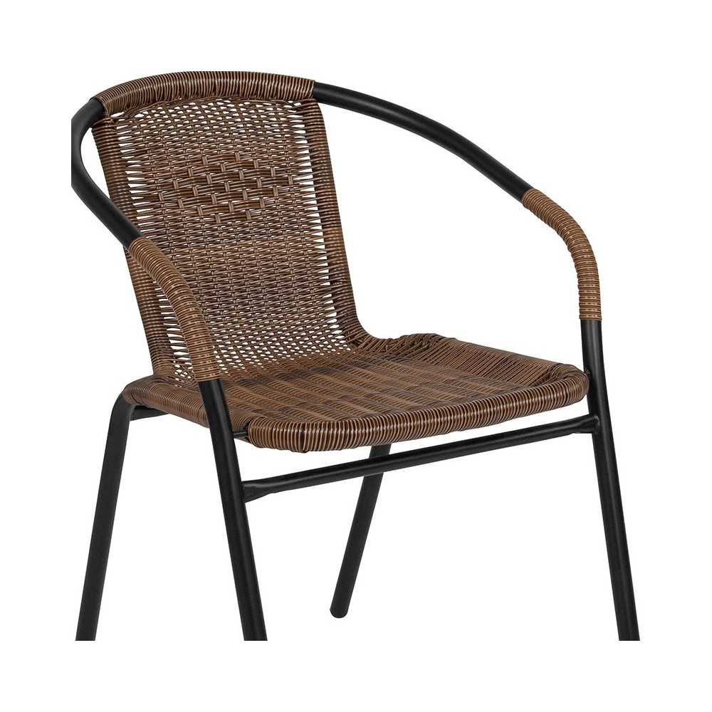 28'' Square Glass Metal Table with Dark Brown Rattan Edging and 4 Dark Brown Rattan Stack Chairs
