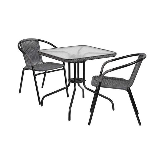 28'' Square Glass Metal Table with Gray Rattan Edging and 2 Gray Rattan Stack Chairs