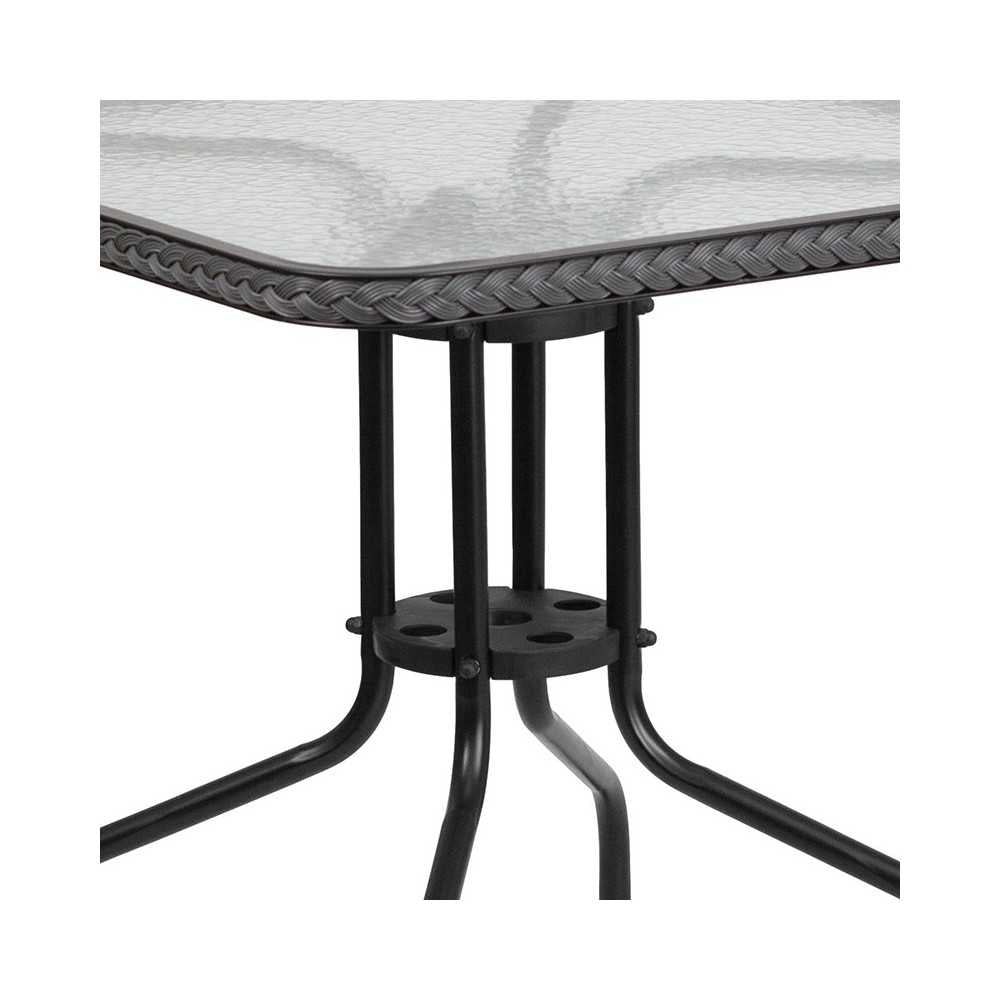 28'' Square Glass Metal Table with Gray Rattan Edging and 2 Gray Rattan Stack Chairs