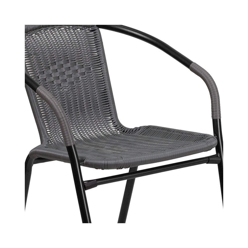 28'' Square Glass Metal Table with Gray Rattan Edging and 2 Gray Rattan Stack Chairs