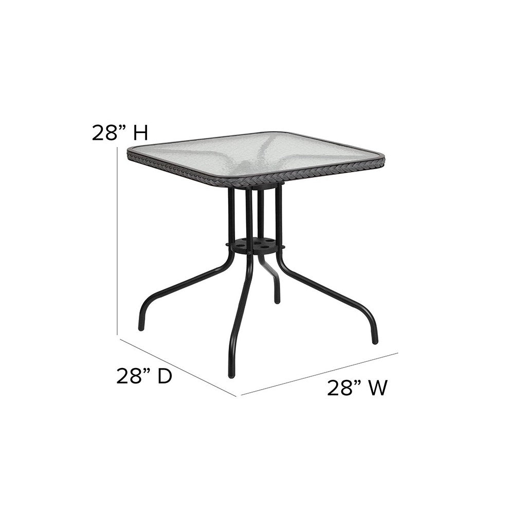 28'' Square Glass Metal Table with Gray Rattan Edging and 2 Gray Rattan Stack Chairs