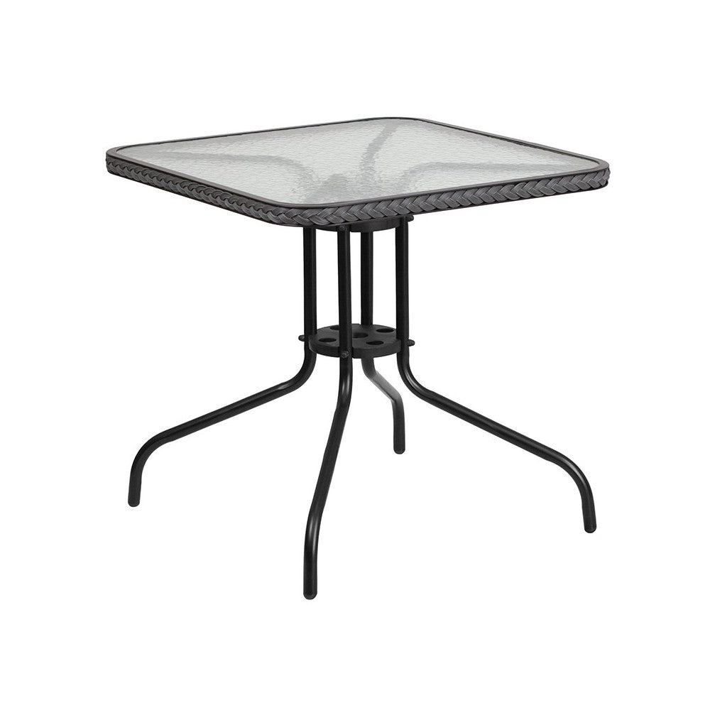 28'' Square Glass Metal Table with Gray Rattan Edging and 2 Gray Rattan Stack Chairs