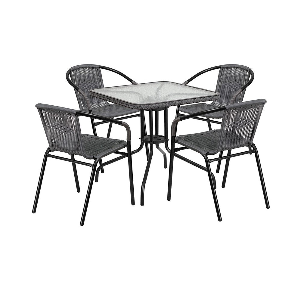 28'' Square Glass Metal Table with Gray Rattan Edging and 4 Gray Rattan Stack Chairs