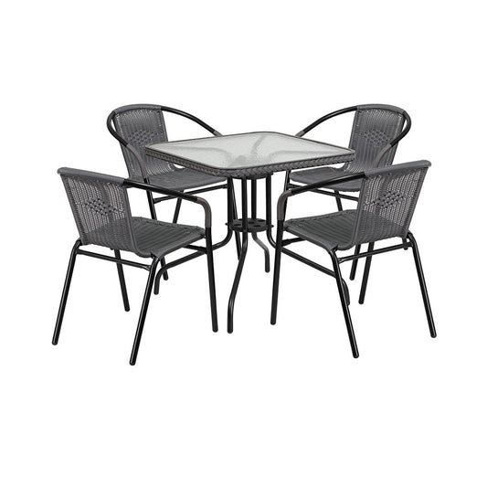 28'' Square Glass Metal Table with Gray Rattan Edging and 4 Gray Rattan Stack Chairs