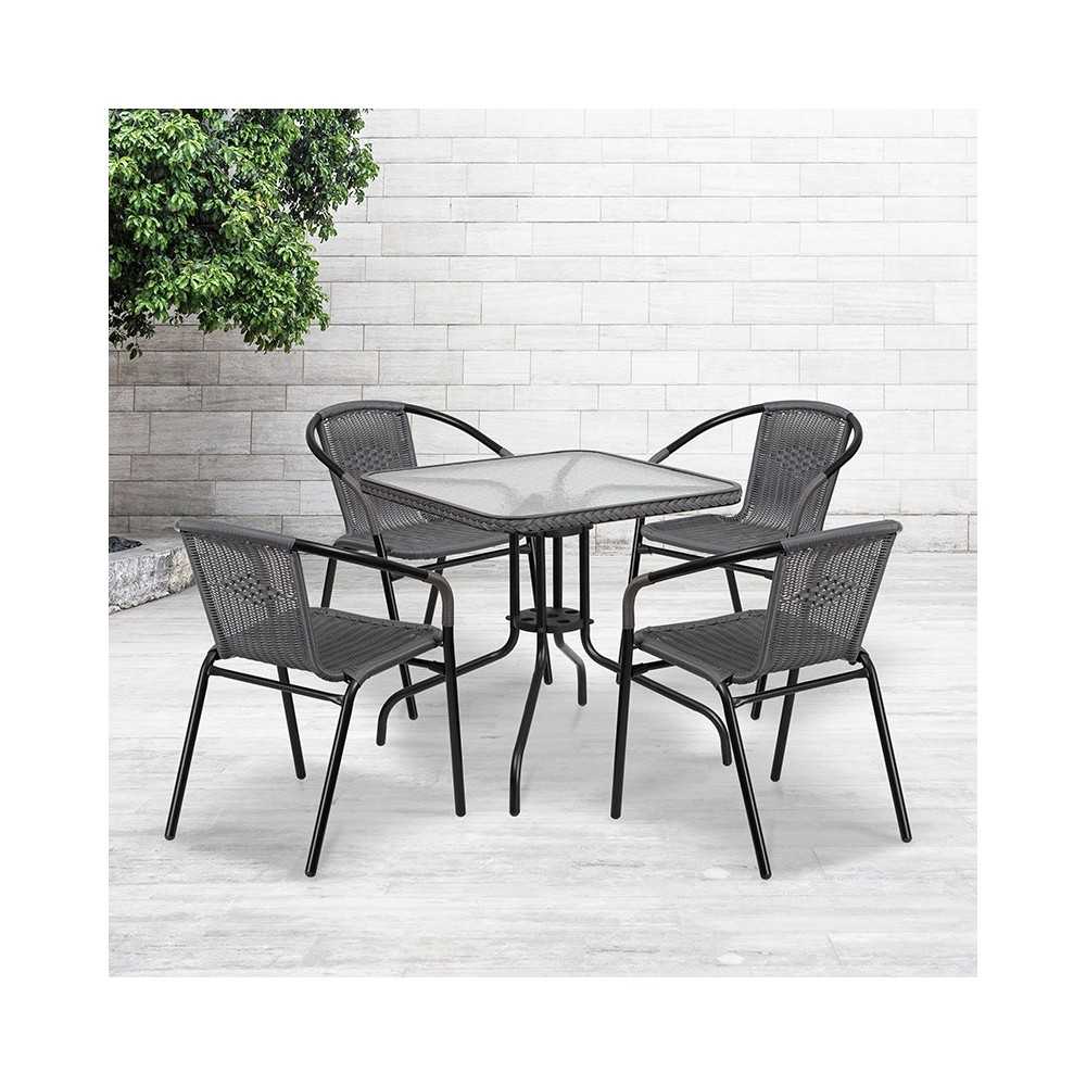 28'' Square Glass Metal Table with Gray Rattan Edging and 4 Gray Rattan Stack Chairs