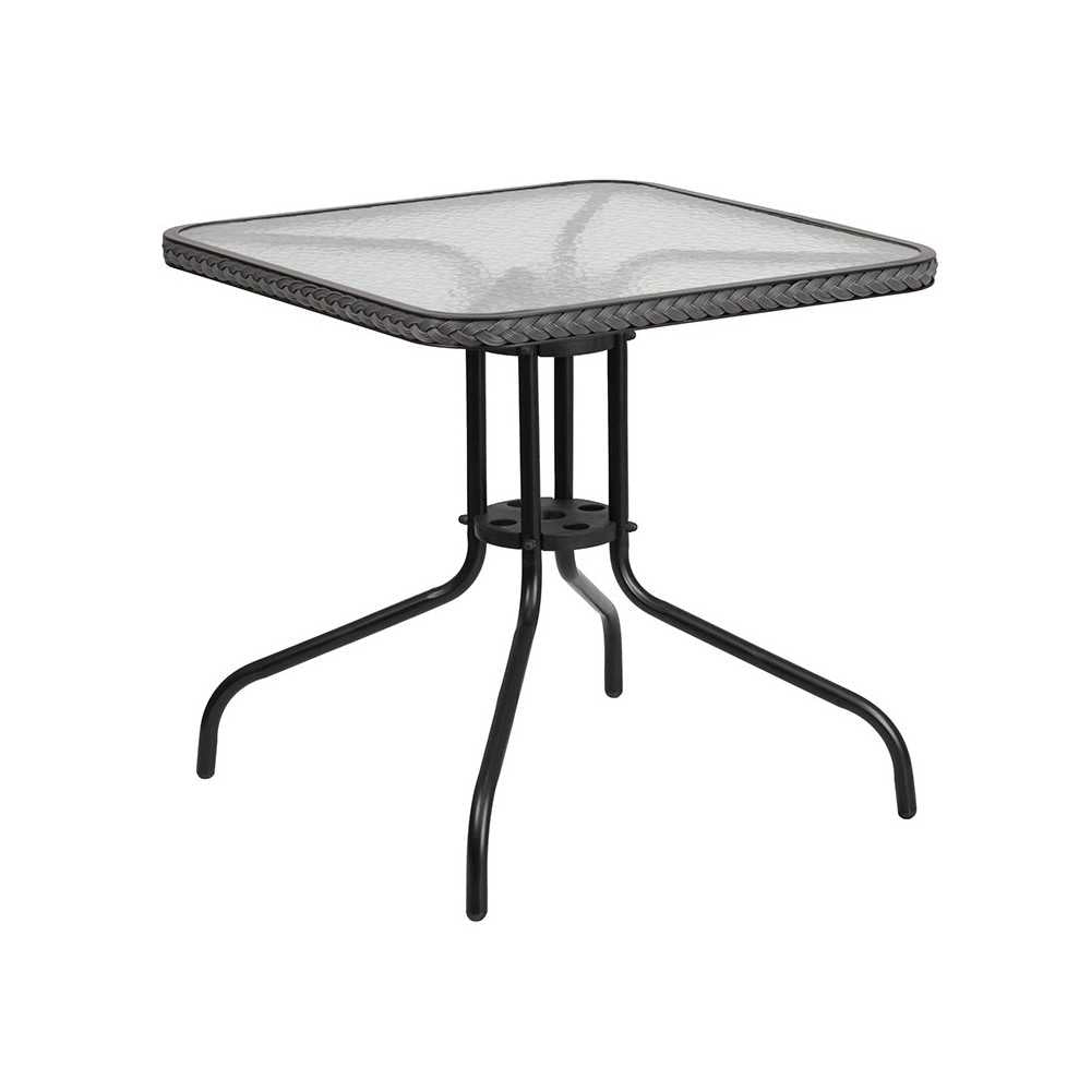 28'' Square Glass Metal Table with Gray Rattan Edging and 4 Gray Rattan Stack Chairs