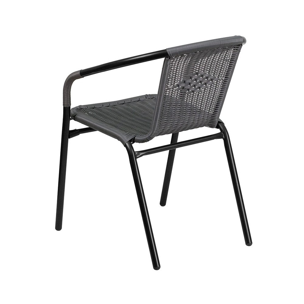 28'' Square Glass Metal Table with Gray Rattan Edging and 4 Gray Rattan Stack Chairs