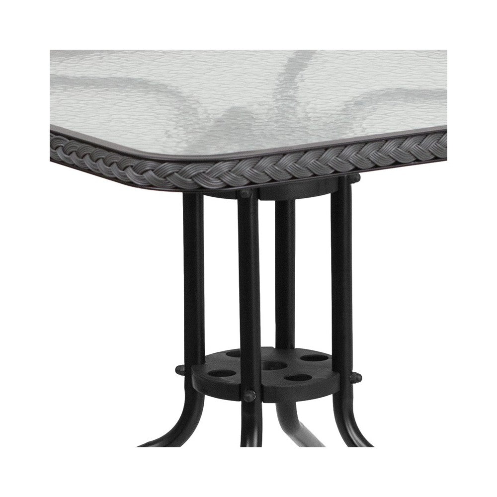 28'' Square Glass Metal Table with Gray Rattan Edging and 4 Gray Rattan Stack Chairs