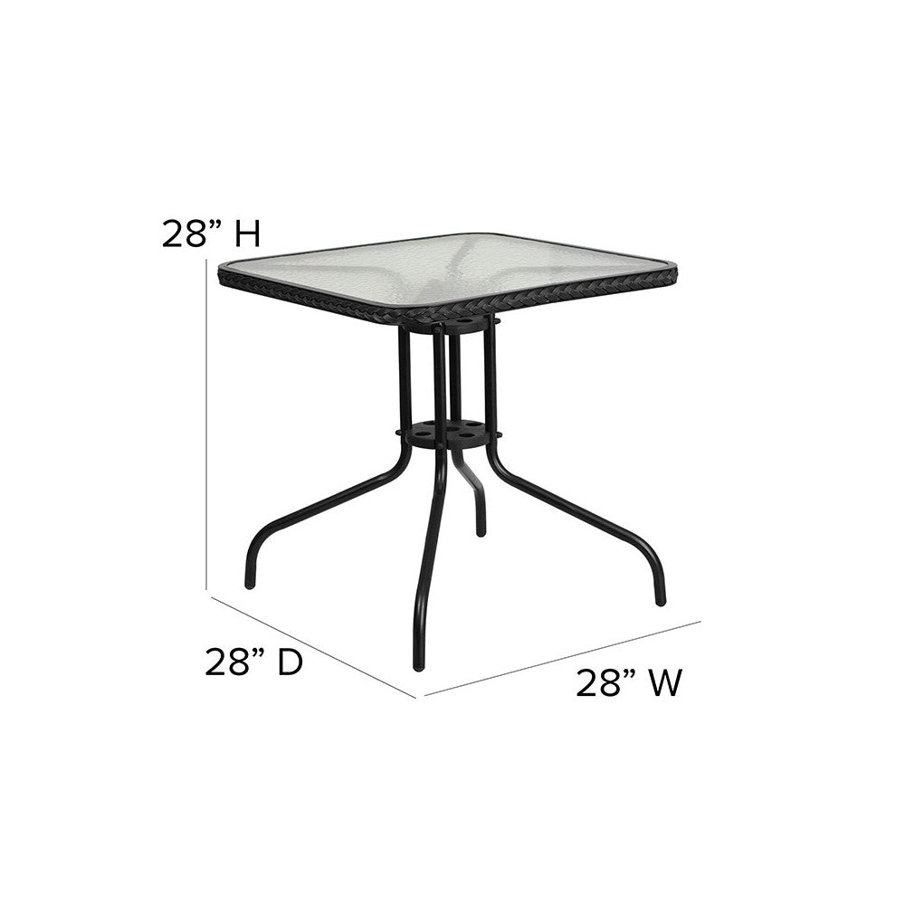 28'' Square Tempered Glass Metal Table with Black Rattan Edging