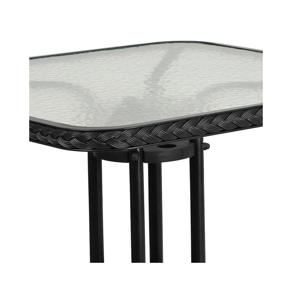 28'' Square Tempered Glass Metal Table with Black Rattan Edging