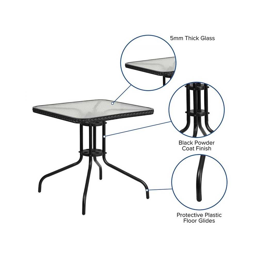 28'' Square Tempered Glass Metal Table with Black Rattan Edging