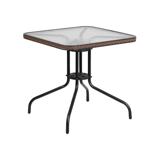 28'' Square Tempered Glass Metal Table with Dark Brown Rattan Edging