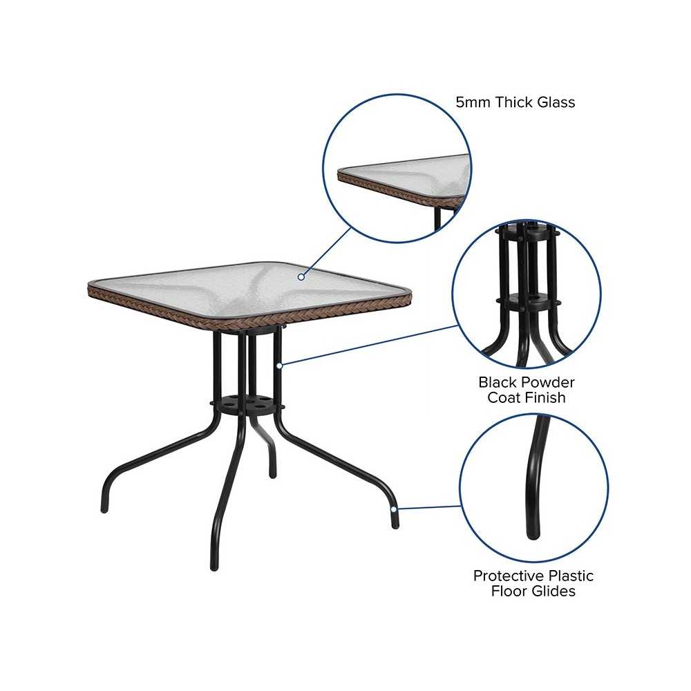 28'' Square Tempered Glass Metal Table with Dark Brown Rattan Edging