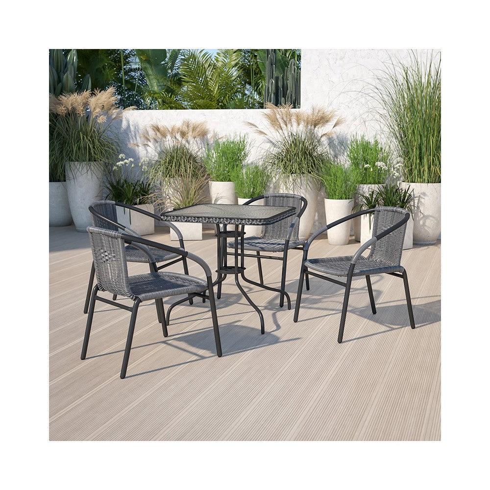 28'' Square Tempered Glass Metal Table with Gray Rattan Edging
