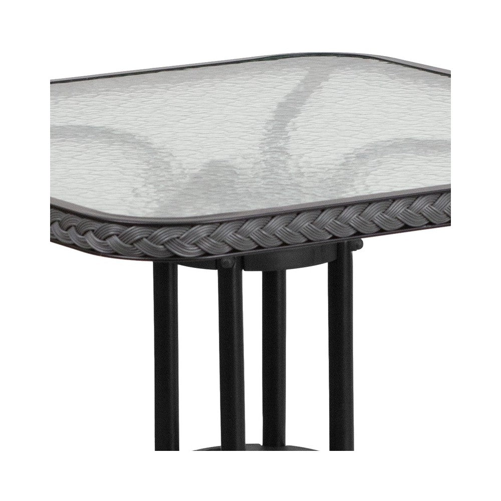 28'' Square Tempered Glass Metal Table with Gray Rattan Edging