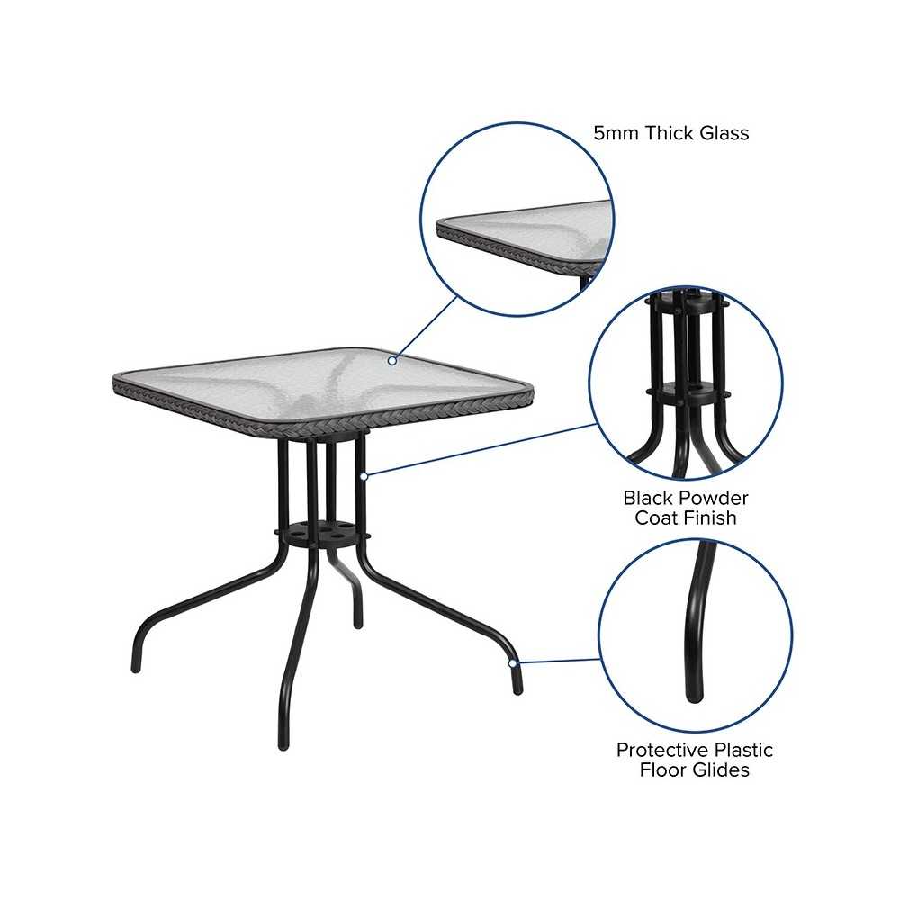 28'' Square Tempered Glass Metal Table with Gray Rattan Edging