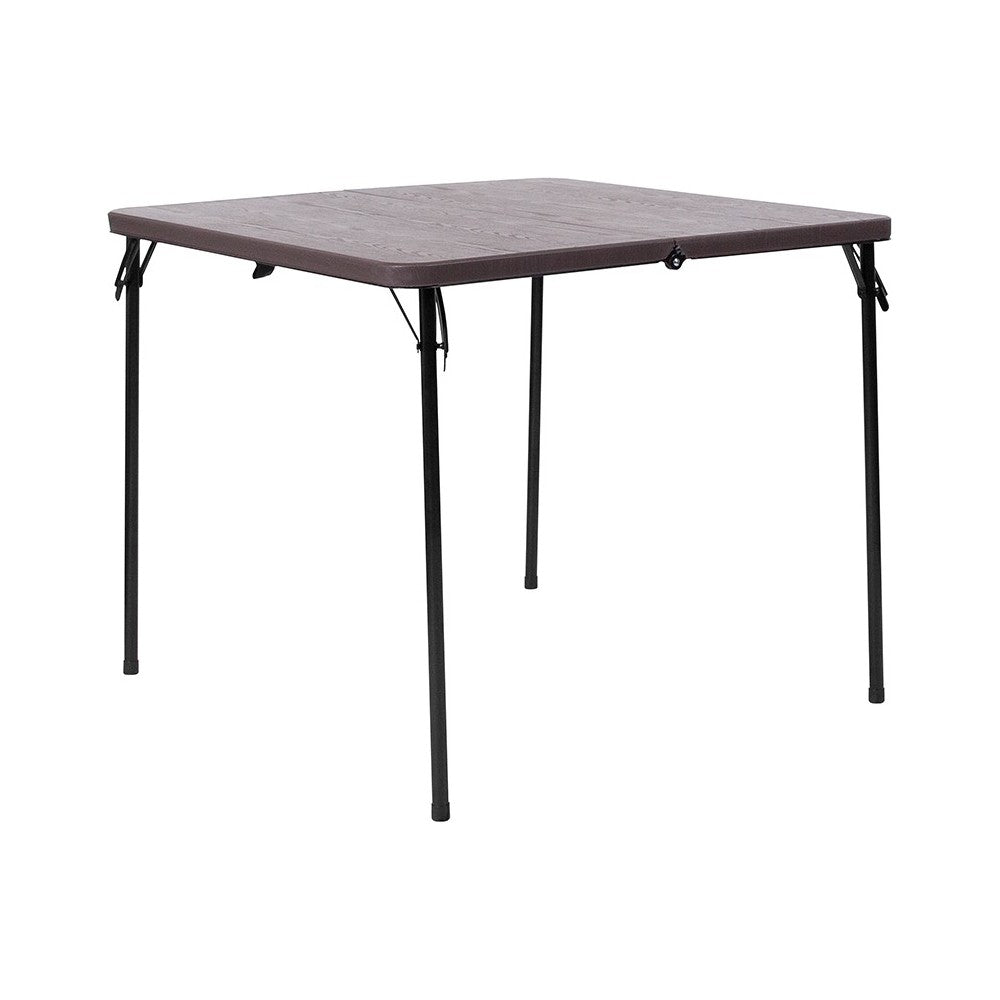 2.83-Foot Square Bi-Fold Brown Wood Grain Plastic Folding Table with Carrying Handle