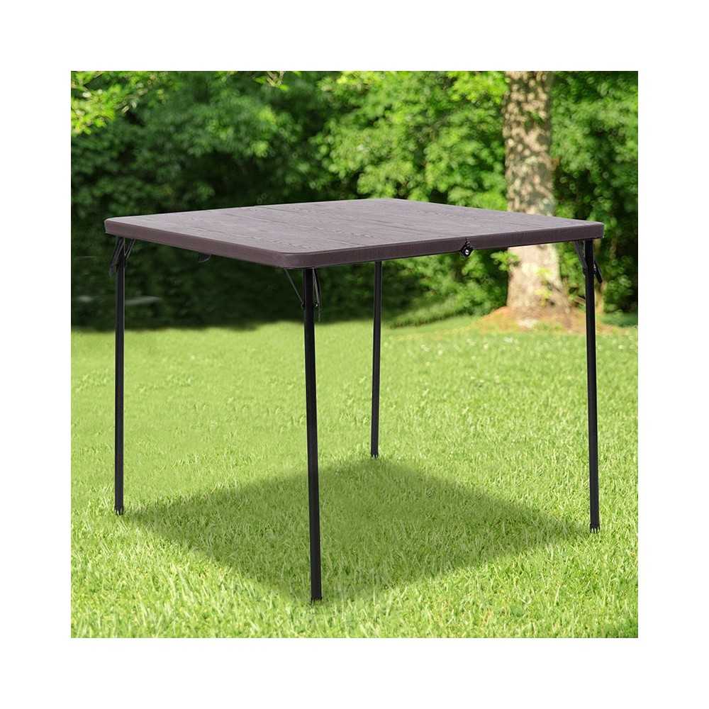 2.83-Foot Square Bi-Fold Brown Wood Grain Plastic Folding Table with Carrying Handle