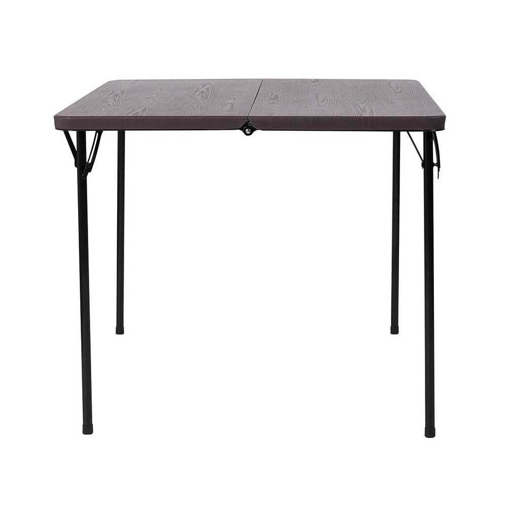 2.83-Foot Square Bi-Fold Brown Wood Grain Plastic Folding Table with Carrying Handle