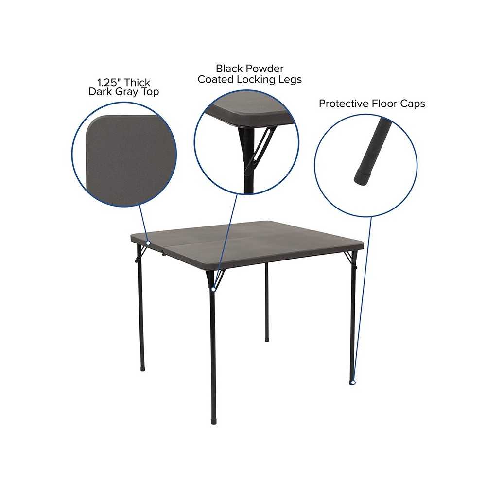 2.83-Foot Square Bi-Fold Dark Gray Plastic Folding Table with Carrying Handle