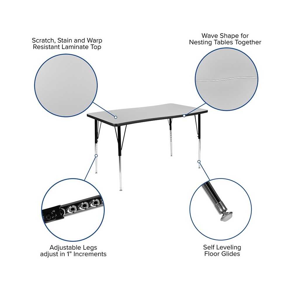 28"W x 47.5"L Rectangular Wave Collaborative Gray Thermal Laminate Activity Table - Standard Height Adjustable Legs