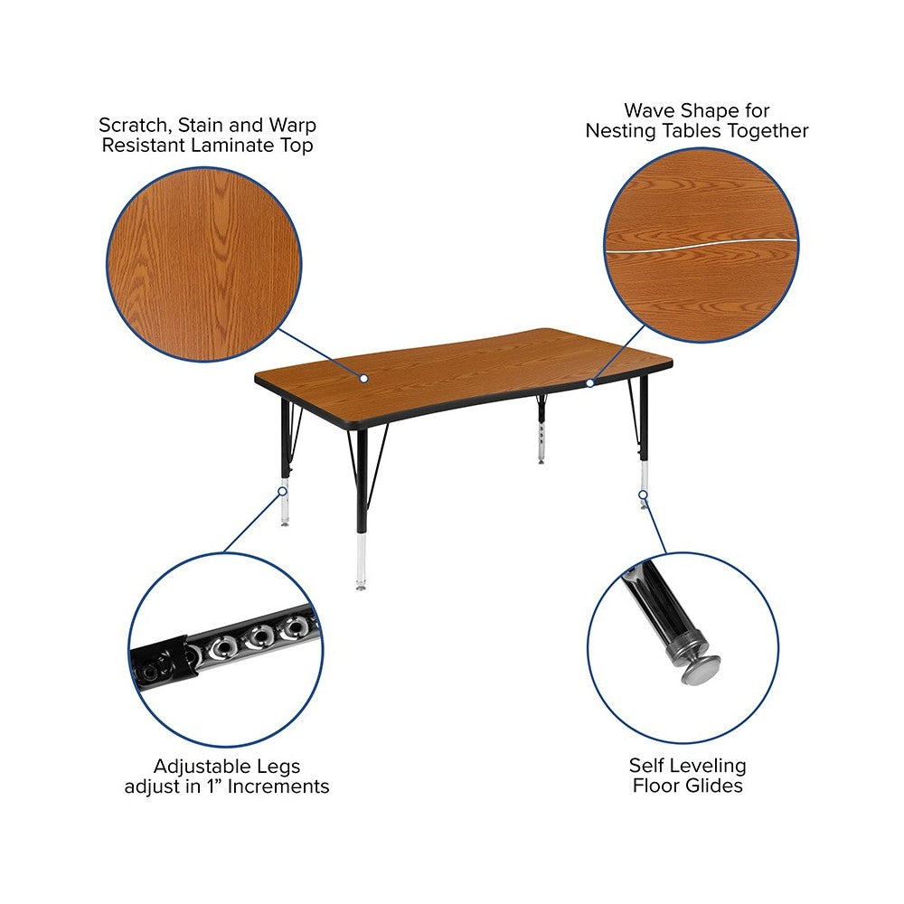 28"W x 47.5"L Rectangular Wave Collaborative Oak Thermal Laminate Activity Table - Height Adjustable Short Legs