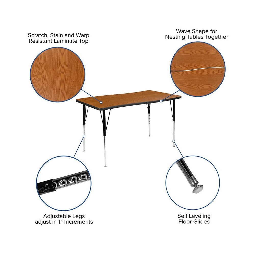 28"W x 47.5"L Rectangular Wave Collaborative Oak Thermal Laminate Activity Table - Standard Height Adjustable Legs